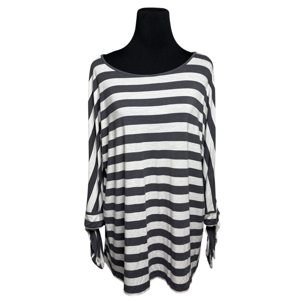 Soft Surroundings Women XL Adrift Tunic Top Gray White Strip 3/4 Sleeve Nautical